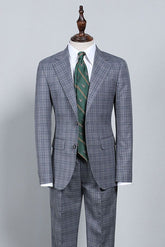 Dark Gray Plaid Notched Lapel Slim Fit Formal Menswear