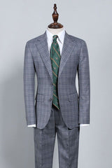 Dark Gray Plaid Notched Lapel Slim Fit Formal Menswear