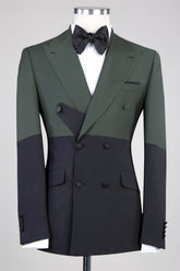 Dark Green and Black Double Breasted Close Fitting Men Suits