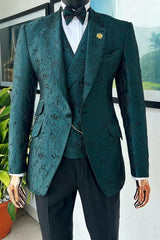 Dark Jacquard Notched Lapel Three Pieces Fancy Green Prom Suits