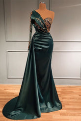 Dark Green Long Lace Sleeve Beads Mermaid Prom Dress With Appliques