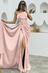 Dark Green Long Ruffles Satin One Shoulder Mermaid Evening Dress with Split-27dress