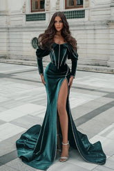 Dark Green Long Sleeves Classic Long Split Prom Dress With Belt