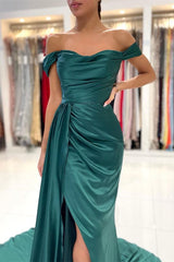 Dark Green Off-the-Shoulder Mermaid Long Prom Dress with Split and Ruffles