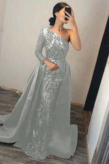 Dark Green Overskirt One Shoulder Long Sleeve Mermaid Prom Dress With Sequins