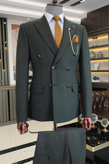 Dark Green Peaked Lapel Slim Fit Business Men Suits