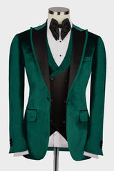 Dark Peaked Lapel Three Pieces Velvet Green Prom Suits