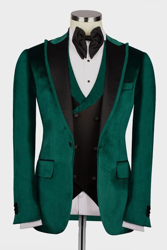 Dark Peaked Lapel Three Pieces Velvet Green Prom Suits