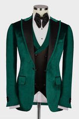 Dark Peaked Lapel Three Pieces Velvet Green Prom Suits