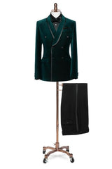 Dark Shawl Lapel Double Breasted Velvet Green Wedding Suits