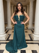 27DRESS Dark Green Strapless Satin Evening Dresses with Floral Applique