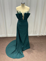 27DRESS Dark Green Strapless Satin Evening Dresses with Floral Applique