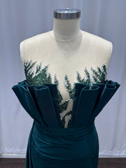 27DRESS Dark Green Strapless Satin Evening Dresses with Floral Applique
