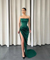 Dark Green Strapless Split Sleeveless Long Mermaid Prom Dress With Pleated
