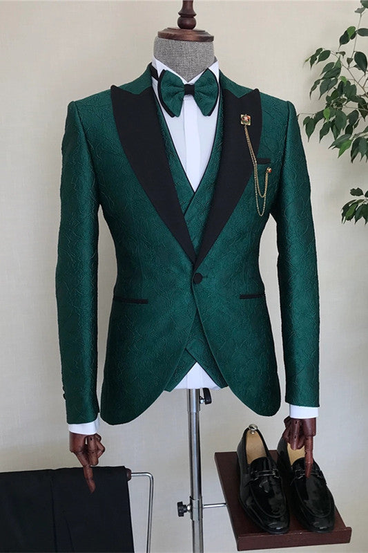 Dark Green Three Piece Jacquard Peaked Lapel Men Prom Suit