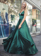 Dark Green V-Neck Satin Floor-Length Prom Dress With Pleated A-Line Silhouette-27dress