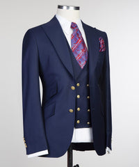 Chic Peaked Lapel Three Pieces Men Dark Navy Business Suits
