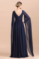 Dark Navy Deep V-neck A-line Mother of the Bride Dress with Belt-27dress
