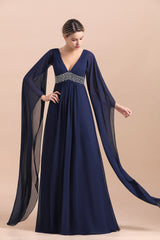 Dark Navy Deep V-neck A-line Mother of the Bride Dress with Belt-27dress