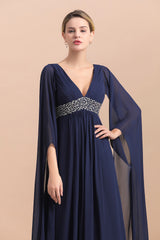Dark Navy Deep V-neck A-line Mother of the Bride Dress with Belt-27dress