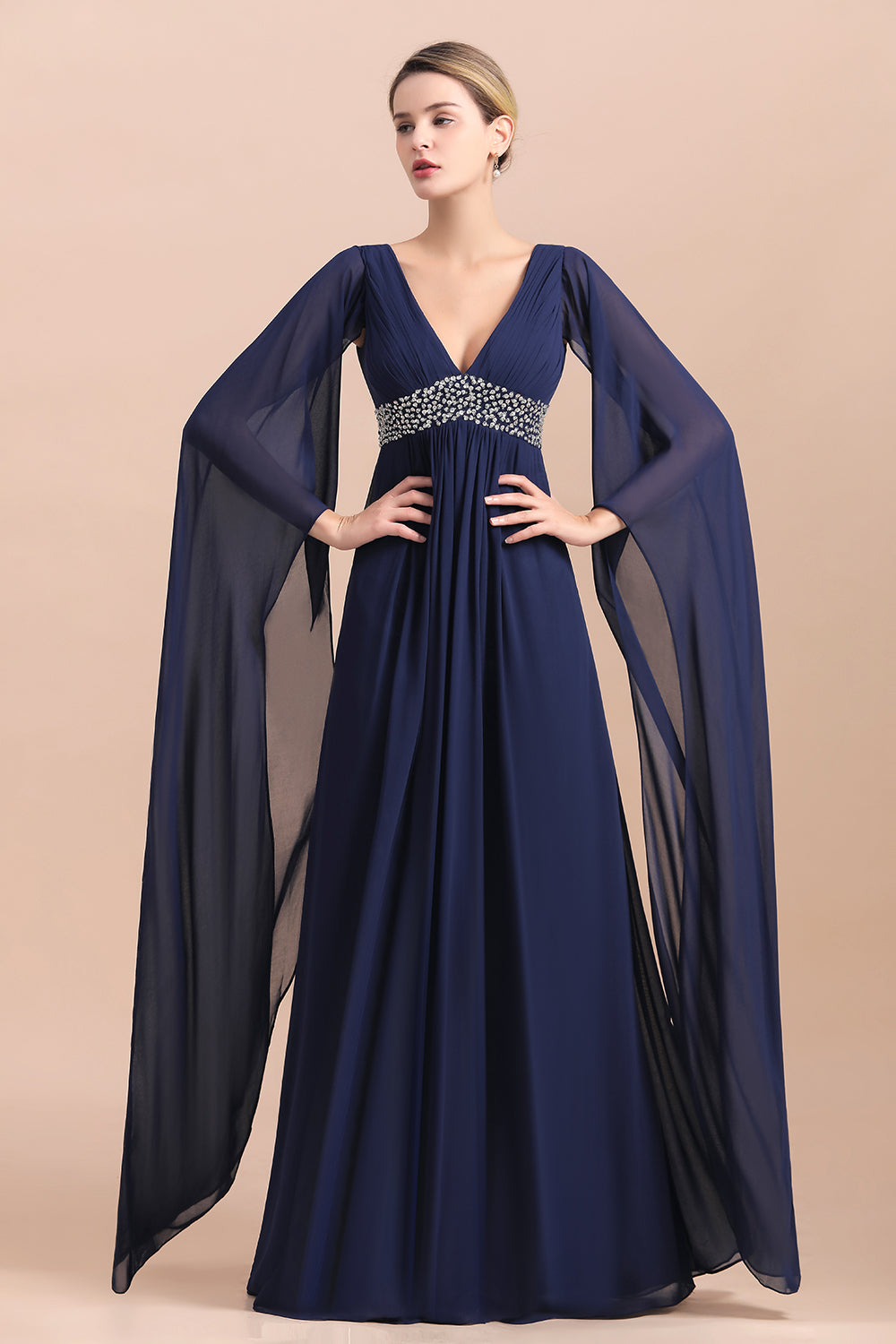 Dark Navy Deep V-neck A-line Mother of the Bride Dress with Belt-27dress