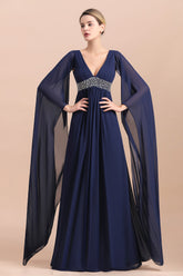 Dark Navy Deep V-neck A-line Mother of the Bride Dress with Belt-27dress