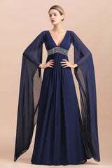 Dark Navy Deep V-neck A-line Mother of the Bride Dress with Belt-27dress