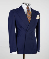 Double Breasted Peaked Lapel Close Fitting Stylish Men Dark Navy Business Suits