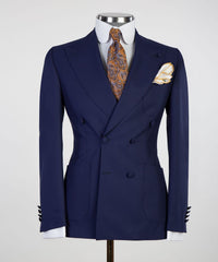 Double Breasted Peaked Lapel Close Fitting Stylish Men Dark Navy Business Suits