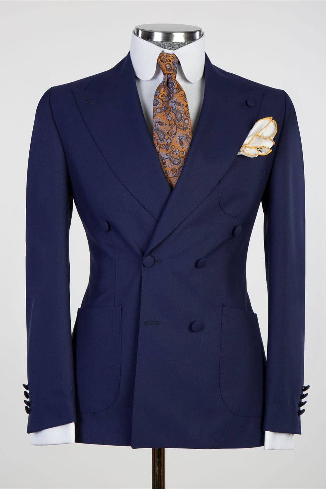 Double Breasted Peaked Lapel Close Fitting Stylish Men Dark Navy Business Suits