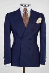 Double Breasted Peaked Lapel Close Fitting Stylish Men Dark Navy Business Suits