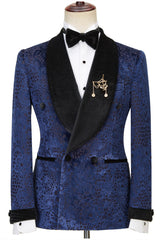 Dark Navy Jacquard Double Breasted Sparkle Shawl Lapel Men Suits For Wedding