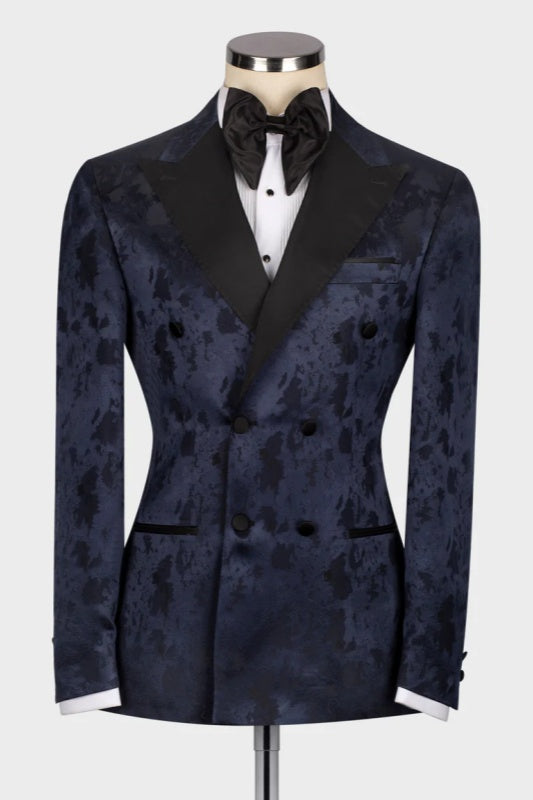 Dark Navy Jacquard Peaked Lapel Double Breasted Wedding Men Suits