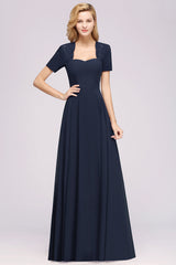 Dark Navy Open-Back Long Bridesmaid Dress With Short Sleeves-27dress