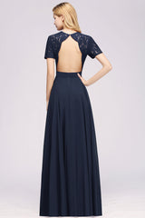 Dark Navy Open-Back Long Bridesmaid Dress With Short Sleeves-27dress