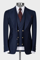 Dark Navy Peaked Lapel Three Pieces Business Men Suits