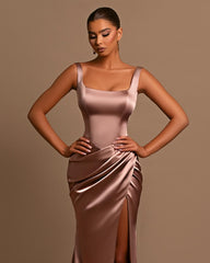 Gorgeous Lotus Root Pink Ball Gown Evening Dress Wide Shoulder Straps Square Neckline Pleated Slit