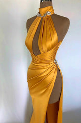 Elegant Sexy Champagne Gold Evening Dress Off-the-Shoulder High Neck with Pleated Slit