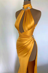 Elegant Sexy Champagne Gold Evening Dress Off-the-Shoulder High Neck with Pleated Slit