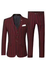 Deep Notched Lapel Three Pieces Striped Red Prom Suits