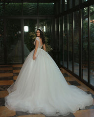 Deep V-Neck Cap Sleeves Wedding Dress Ball Gown With Beads-27dress