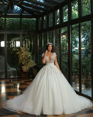 Deep V-Neck Cap Sleeves Wedding Dress Ball Gown With Beads-27dress