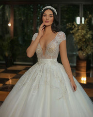 Deep V-Neck Cap Sleeves Wedding Dress Ball Gown With Beads-27dress
