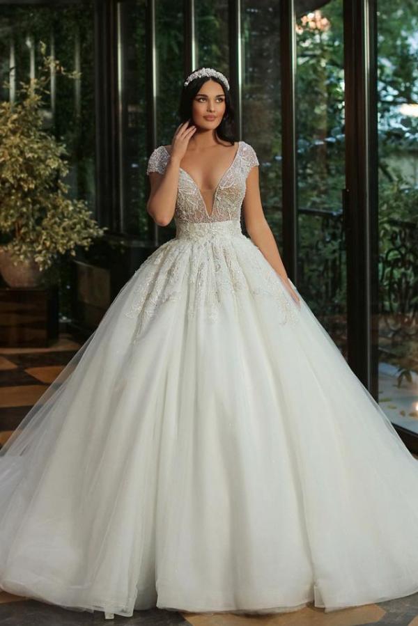 Deep V-Neck Cap Sleeves Wedding Dress Ball Gown With Beads-27dress