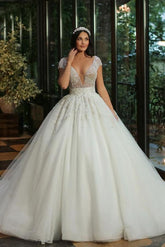 Deep V-Neck Cap Sleeves Wedding Dress Ball Gown With Beads-27dress