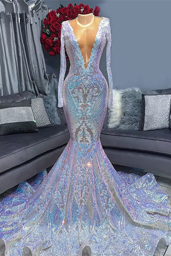 Deep V Neck Long Mermaid Long Sleeves Sequins Prom Dress With Appliques