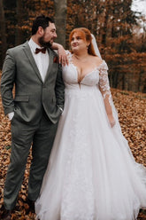 27DRESS Deep V-neck Long Sleeves Plus Size Ball Gown Wedding Dresses