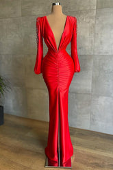 Deep V Neck Long Sleeves Red Beadings Mermaid Prom Dress With Front Split