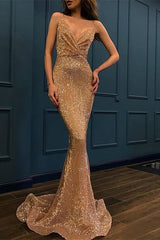 Deep V Neck Sleeveless Long Mermaid Prom Dress Spaghetti Strap With Sequins