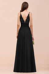 Deep V Neck Spaghetti Straps Slit Long Black Bridesmaid Dress-27dress